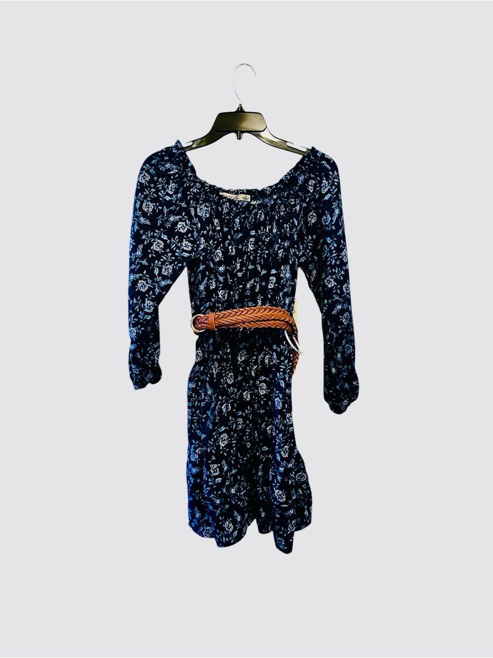 Liberty Love Navy Blue Floral Long Sleeve Dress with Braided Belt